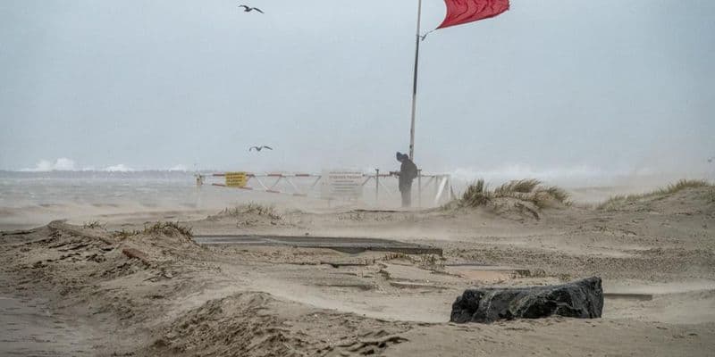 Bandera roja en una playa ventosa