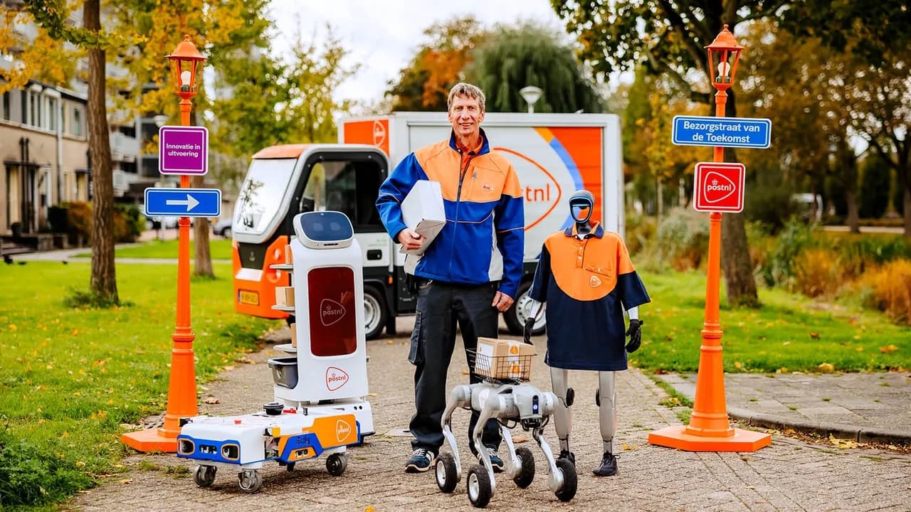 Conductor de reparto de PostNL con los robots que han sido probados para uso futuro