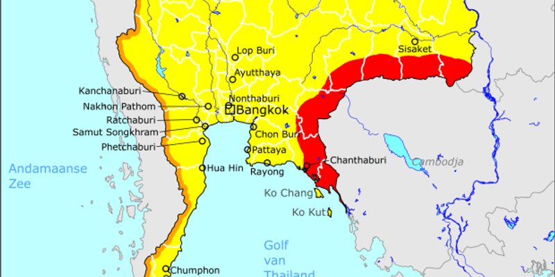 Mapa de Tailandia con alertas de códigos de viaje
