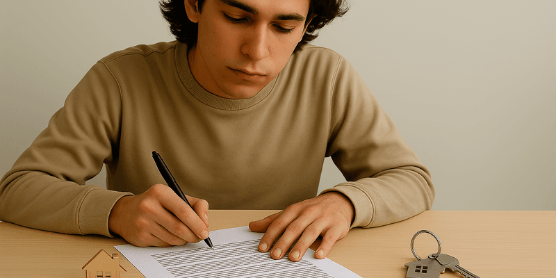 Joven firmando un contrato de alquiler