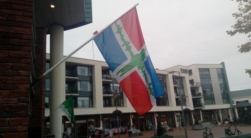 Bandera de Groningen con sismograma impreso por protesta de extracción de gas y terremotos